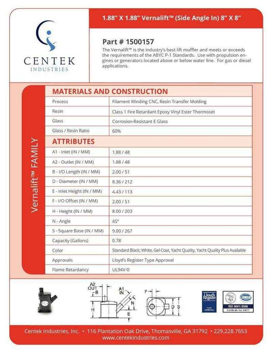 Muffler Vernalift Side Angle In Top Out 1 - 7/8 in. | Centek 1500157 - MacombMarineParts.com