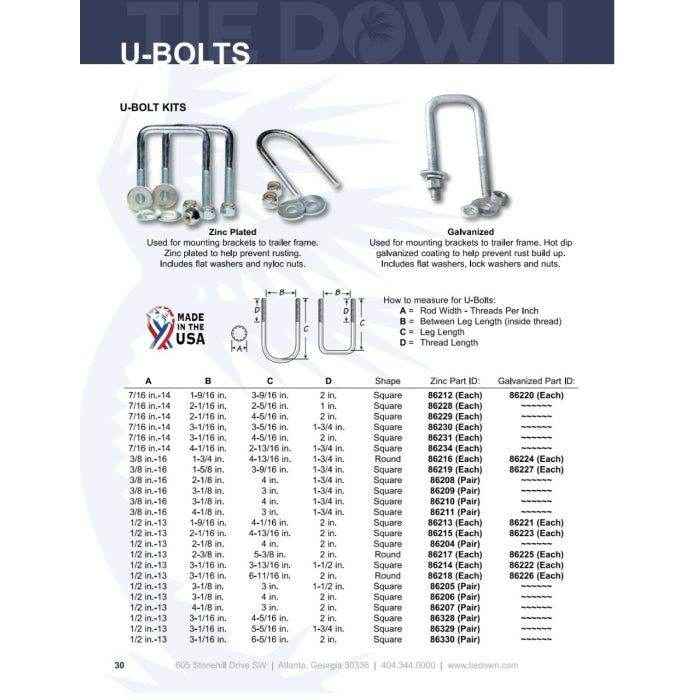 U-Bolt 3/8 In. X 3 1/8 In. X 4 In. Square | Tie Down Engineering 86210 - MacombMarineParts.com